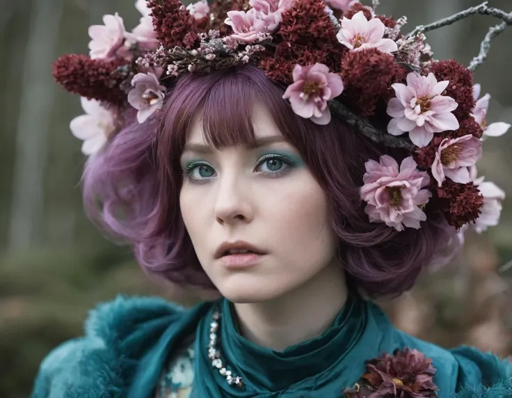 arafed woman with purple hair wearing a floral crown and blue dress