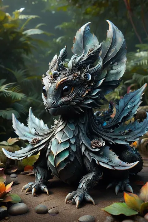 a close up of a dragon statue on a rock in a forest