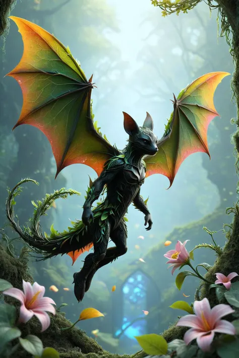 a close up of a dragon flying through a forest with flowers