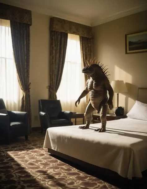 there is a statue of a dinosaur on a bed in a hotel room