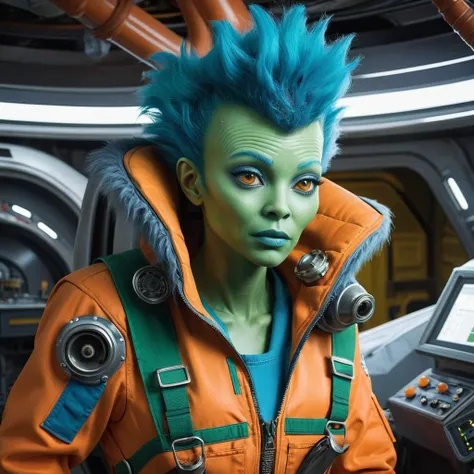 a close up of a person in a space station with a blue hair