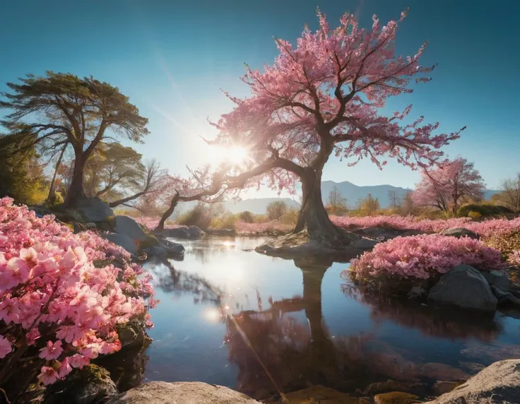 a close up of a tree near a body of water with flowers