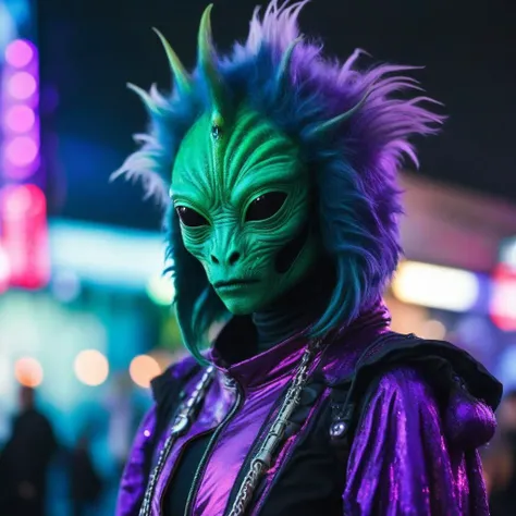 a close up of a person wearing a green alien costume