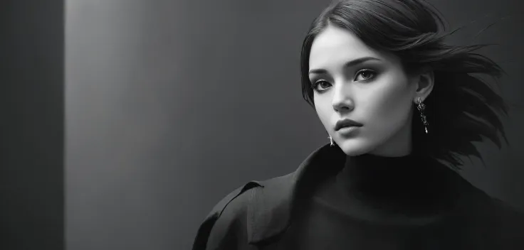 a woman with a black coat and earrings standing in front of a wall