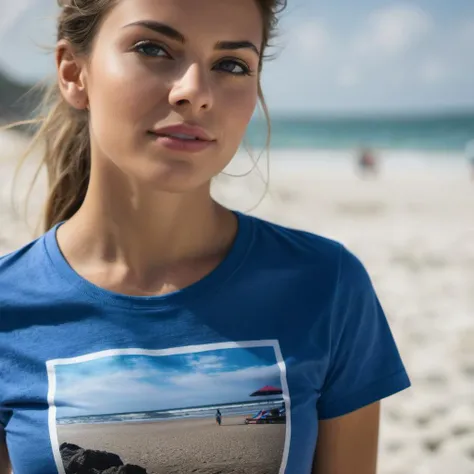 closeup headshot, a gorgeous woman, on a (beach:1.2), wearing a (t-shirt:1.2), (8k, RAW photo, best quality, depth of field, ultra high res:1.2), (absurdres, intricate, photorealistic, masterpiece, ultra-detailed)