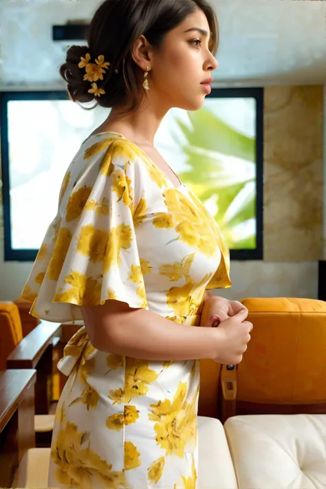 <lora:cinematiclookenhancer:1.0>, Latino woman, white Lob, wearing yellow Floral Print Dress, Side Profile, Home Theater, <clip:skip:2>, masterpiece, 8k, high resolution, shallow depth of field, sharp focus