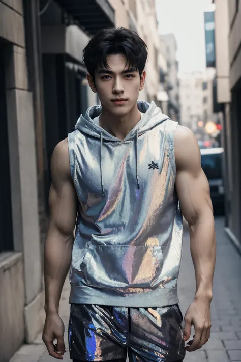 absurdres, intricate details, masterpiece, best quality, high resolution, 8k, 
1boy, Manhuanan, sleeveless hoodie, shorts, (holographic clothing),
looking at viewer, standing, smirk, 
(muscular, large pectorals), abs, hair between eyes, 
detailed face, bla...