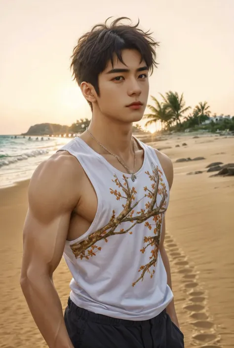 (white skin, white complexion:1.1), (looking at viewer), (beautiful eyes), (film grain:1.3), (soft light:1.3),
1boy, handsome young man, (black hair:1.5),  necklace, 
(outdoors:1.5), beach, sunset, sky, wind, ((tank top)), (messy hair:1.2), tree, (depth of...