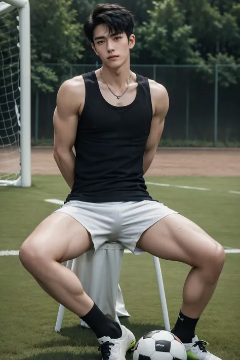 absurdres, intricate details, masterpiece, best quality, high resolution, 8k,
(1boy, tight tank top, shorts, no shoes:1.3), socks,
sitting, arms behind back, (spread legs:0.8), sweat, full body,
muscular, large pectorals, abs, shiny white skin,
black hair,...