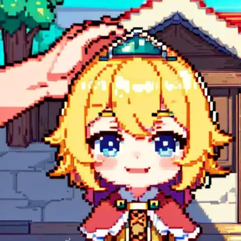 ((1girl)), chibi, sd, face shot, happy, close_up, thumps up, smile eyes,big smile,   blonde ,crown ,cape,boots,blue eyes, little princess, forest, house, outdoor, ((pixelart)) <lora:Little_Princess:0.9>, <lora:pixel:1>