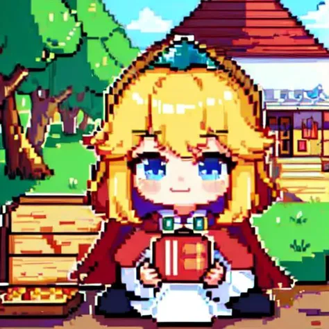 ((1girl)), chibi, sd, face shot, happy, close_up, smile eyes,big smile,   blonde ,crown ,cape,boots,blue eyes, little princess, forest, house, outdoor, ((pixelart)) <lora:Little_Princess:0.9>, <lora:pixel:1>