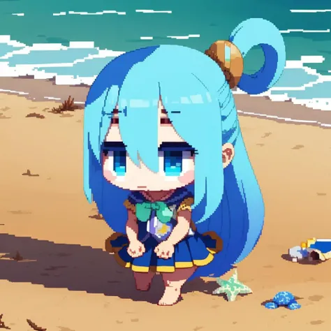 masterpiece, best quality , highly detailed ,   <lora:pixel:0.7> , (pixelart) ,  <lora:AquaKonoSuba:0.7> , AquaKnsb , skirt , blue hair , (beach background:1.2) , (chibi:1.2)