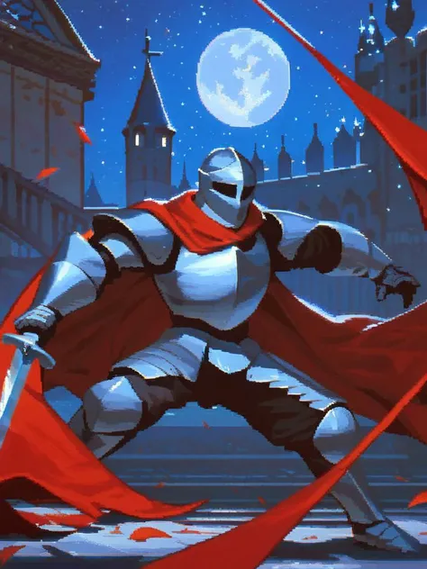 score_9, score_8_up, score_7_up, pixelart,pixel, rating_safe,
medieval knight, steel armored knight, solo, cinematic, noble pose, red cape, swinging steel sword, gripping steel sword, male,
castle background, night sky, full moon, <lora:pixel:1>