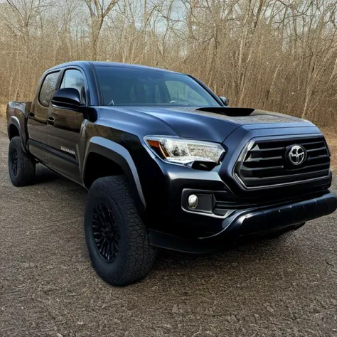 arafed black toyota tacoma truck parked in a lot with trees in the background