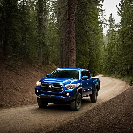 arafed blue truck driving down a dirt road in the woods