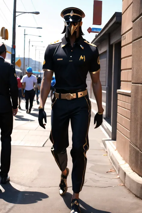 araffe dressed in a black uniform walking down a street