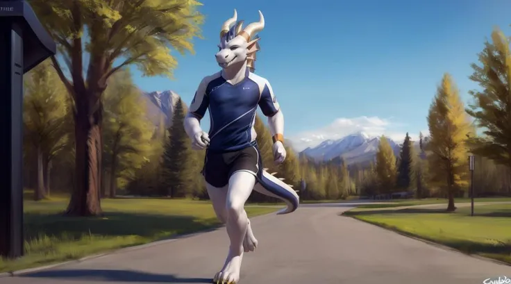 ((dragon)),
(solo:1.1),
looking at viewer,
male,
(adult),
two horns,
tail,
anthro,
smile,
teeth showing,
park,
jogging,
walking on path
summer,
trees,
grass,
bench,
bin,
sports wear,
(detailed) background,
white scales,
white body,
golden horns,
golden cla...