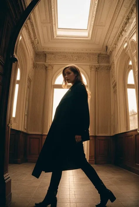 a woman in a black coat and boots walking through a building