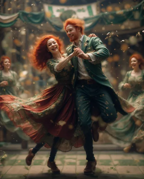 cinematic photo, a man and woman dancing, sexy woman, (woman red hair:1.7), ((man with White beard and gray hair)), blue eyes, ireland symbols, green dress,  (green clovers <lora:glowingdust_20230806143817:0.6> photo_scale),  <lora:emotion_happy_slider_v1:...