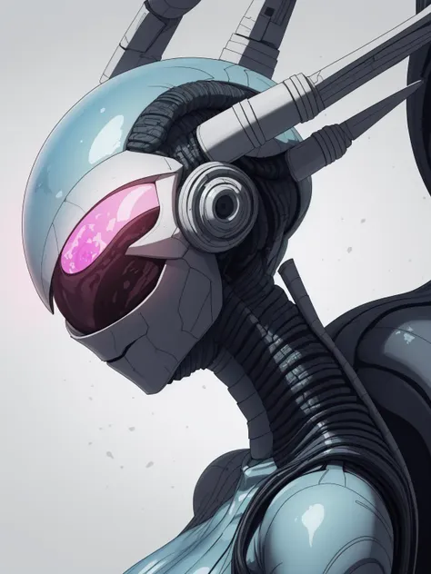 a close up of a robot with a pink eye and a helmet