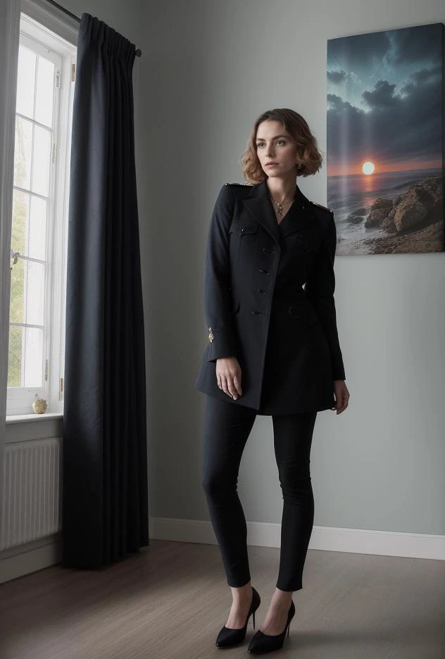 a woman in a black coat and black pants standing in front of a window