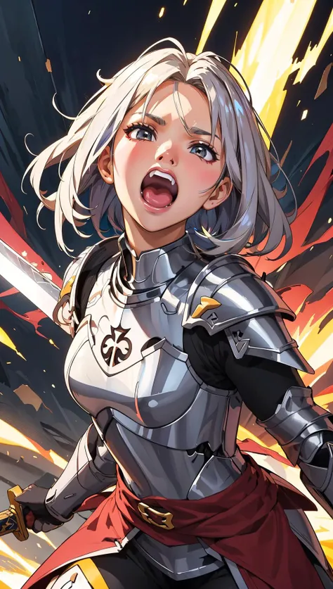 an illustration of a female paladin adorned in holy armor, wielding a sacred sword, furrowed brow, open mouth, teeth, 
masterpiece, best quality, intricate detail, high background detail, high contrast,   <lora:emotion_angry_slider_v1:1> anime screencap,