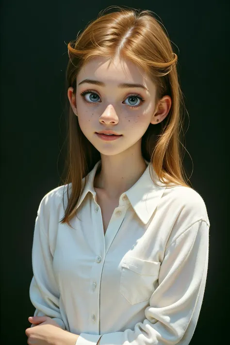 a close up of a woman with long red hair wearing a white shirt