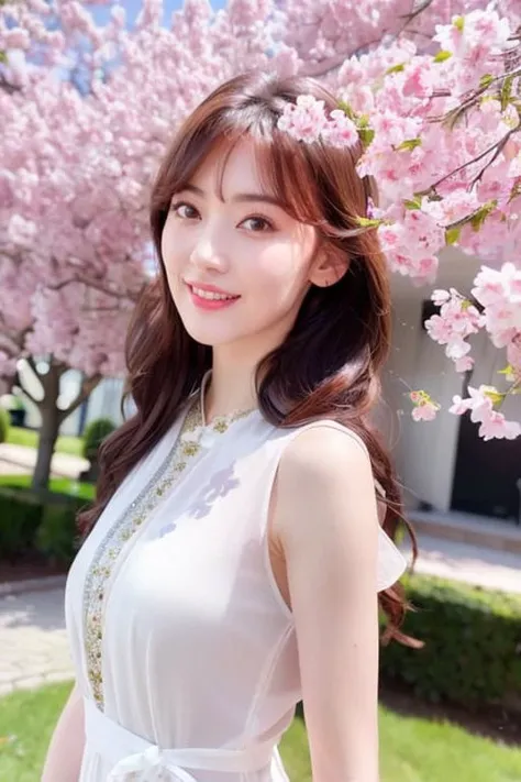 (8k, RAW photo, best quality, masterpiece:1.2),
(realistic, photo-realistic:1.37),
professional lighting, photon mapping, radiosity, physically-based rendering,
A beautiful girl under the blooming cherry tree in spring,
full body,dress,,small breasts,skinn...