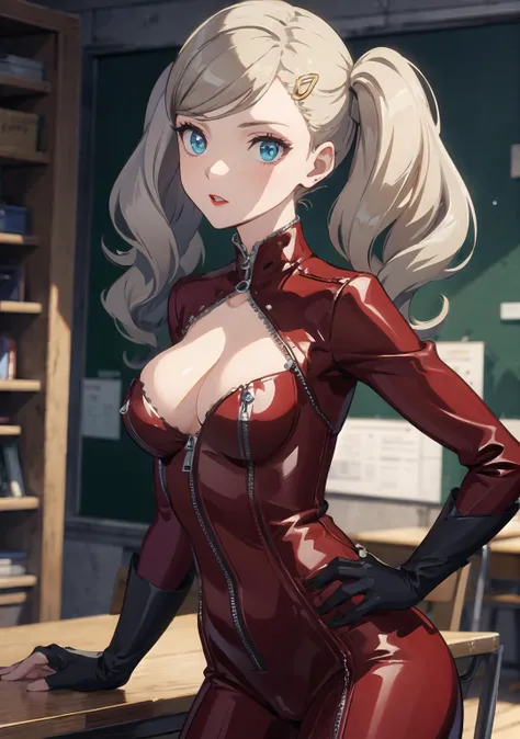 anntakamaki, <lora:annetakamakitest:1>, anne takamaki, blonde hair, blue eyes, hair ornament, hairclip, long hair, swept bangs, twintails, wavy hair, mask, BREAK bodysuit, cleavage, cleavage cutout, clothing cutout, earrings, jewelry, red bodysuit, red lip...