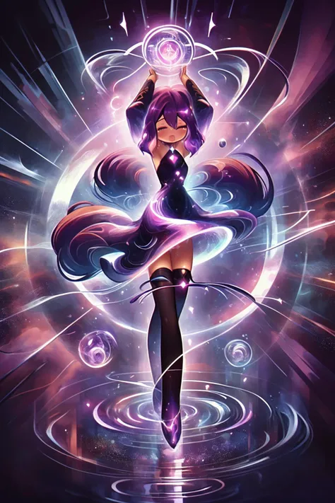 <lora:porforever_v1.0:1> <lora:PsionicMagic-20:1> psionicmagic, radiating aura, ripples, 1girl, purple hair, flowing dress, full body, hands_on_own_head, energy ball, crackling, mana,zettai ryouiki,pantyshot,  psychic waves