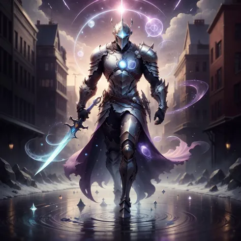 <lora:PsionicMagic-20:0.8>,psionicmagic , psychic energy ripples, mana flow,   shimmers, 
full body, (knight:1.1) , enchanted armor , enchanted sword , helmet,runes, in a city