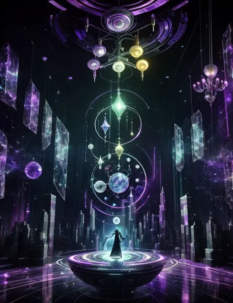 psionicmagic ,  mana flow,  Virtual Reality Concert Hall, Cybernetic Implants,Bed,Pot of Gold,Multi-tool, Ceramic Tiles, Chandeliers, Bar Lighting, Glitch Art, sci-fi,  psychic energy ,<lora:PsionicMagic:0.7>