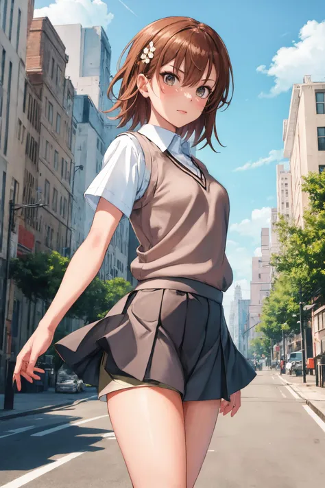 masterpiece, best quality, highres, aamikoto, short hair, hair flower, white shirt, sweater vest, short sleeves, grey skirt, shorts under skirt, <lora:misaka_mikoto_v1:0.7>, standing, cowboy shot, outdoors