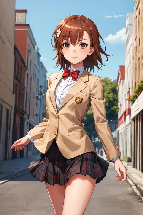 masterpiece, best quality, highres, aamikoto, short hair, hair flower, red bowtie, blazer, brown jacket, long sleeves, plaid skirt, <lora:misaka_mikoto_v1:0.7>, standing, cowboy shot, outdoors