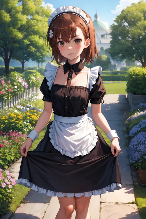 masterpiece, best quality, highres, aamikoto, short hair, hair flower, <lora:misaka_mikoto_v1:0.7>, maid, maid headdress, black dress, garden, standing, skirt hold,