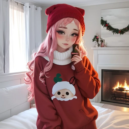 <lora:bambiskii_sd15_512_128_64_v1:1> bambiskii 1girl , wearing christmas sweater, (christmas decoration in background, lit fireplace in background)