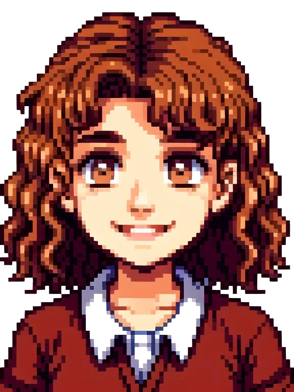 a pixel image of a girl with a brown sweater and white shirt