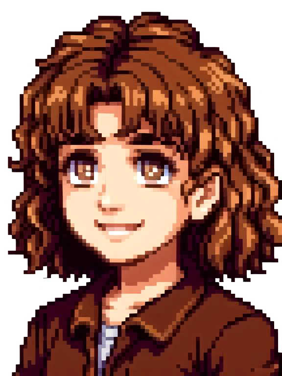 a pixel art of a woman with brown hair and a brown jacket