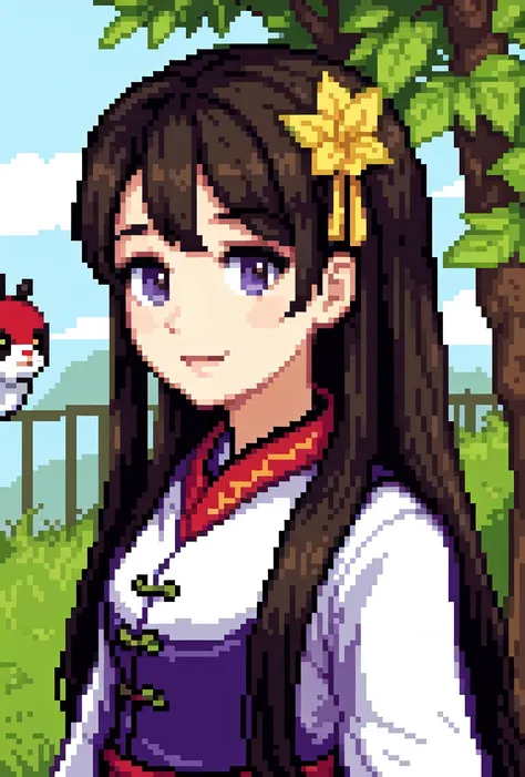 a close up of a pixel art picture of a girl with long hair