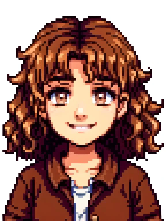 a pixel image of a girl with brown hair and a brown jacket