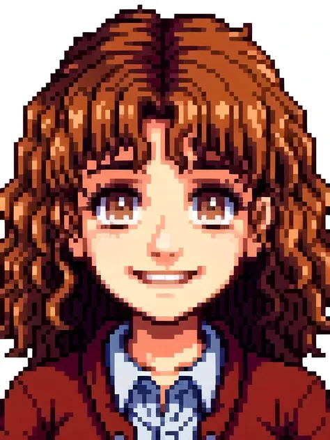 a pixel image of a girl with a red jacket and a blue shirt