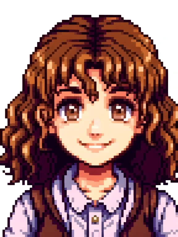 a pixel image of a girl with brown hair and a vest