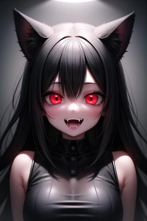 1girl, black hair, long hair, red eyes, cat ears, psychotic, crazy smile, glowing eyes, fangs