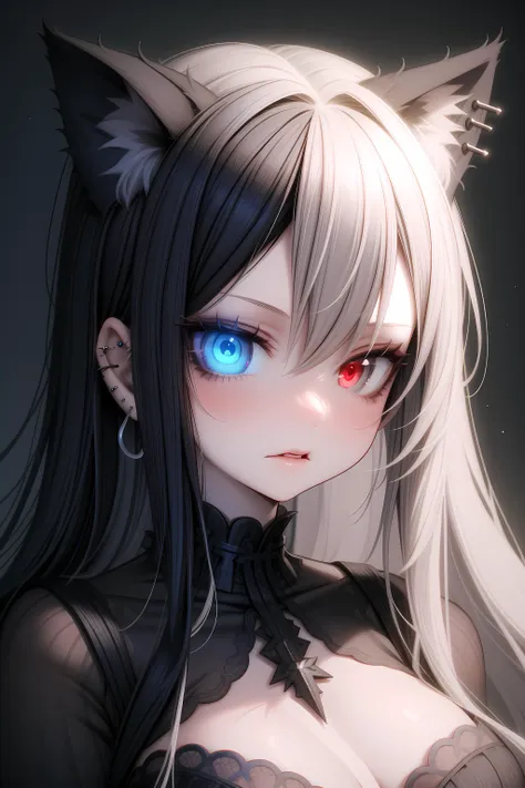 1girl, long hair, cat ears, psychotic, glowing eyes, goth girl, jewelry, piercing, makeup <lora:G_G2.0:0.4> BREAK
black hair, blue eye BREAK
white hair, red eyes