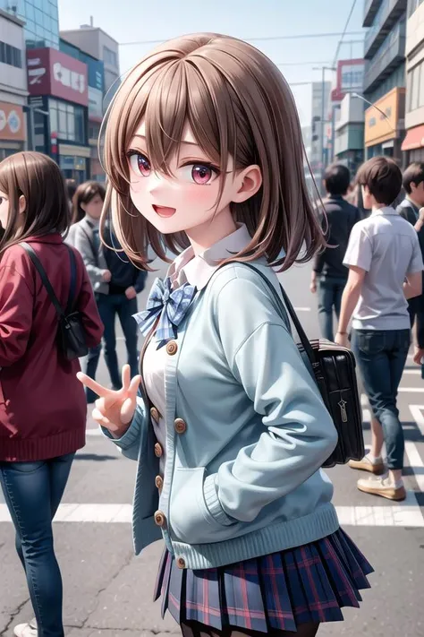 anime girl in a school uniform standing in a crowded street