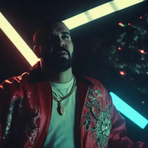 a man in a red jacket standing in front of a neon light