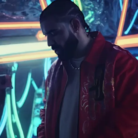 a man in a red jacket standing in front of neon signs