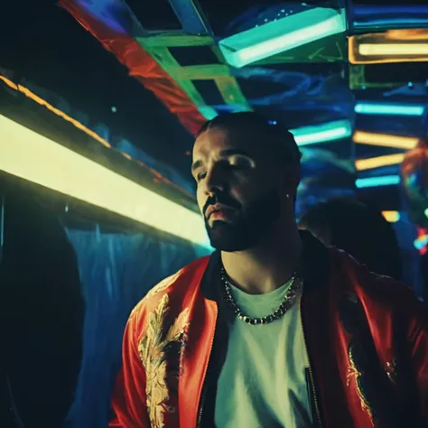 a close up of a man in a red jacket standing in a room