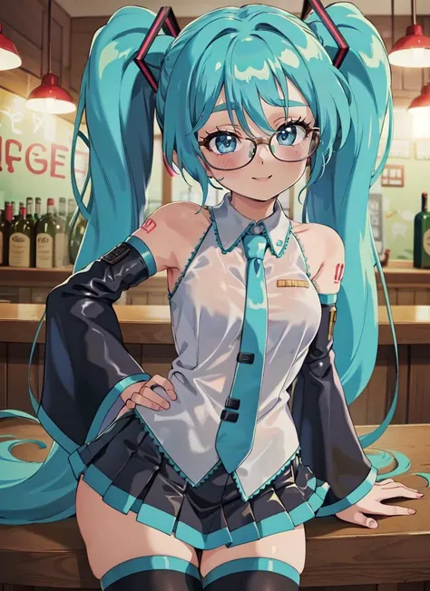 ((best quality)), ((highly detailed)), absurdres, detailed face, beautiful face, (detailed eyes, deep eyes), (1girl), (glasses), Perspective control, dynamic pose, cowboy shot, ((very wide shot)), <lora:AnzhcMiku:1>, anzhcmiku, Hatsune Miku, smiling, white...