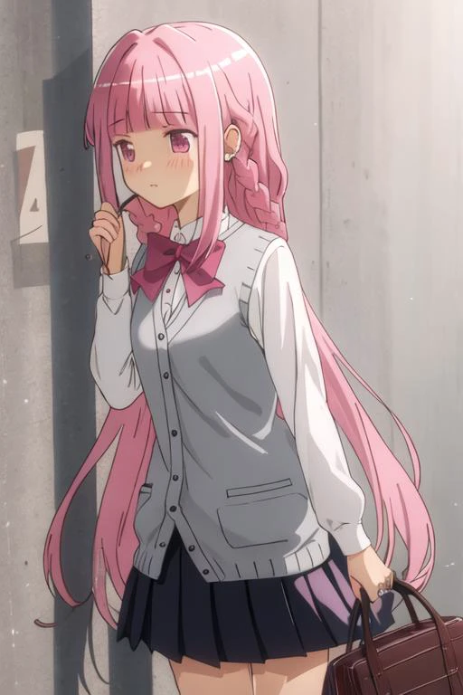 best quality, masterpiece, highres, solo, {tamaki_iroha_puellamagimadokamagicasidestorymagiarecord:1.15}, pink_hair, pink_eyes, bangs, blunt_bangs, braid, sidelocks, blush, bow, long_hair, 1girl, cardigan_vest, jewelry, ring, school_uniform, shirt